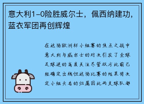 意大利1-0险胜威尔士，佩西纳建功，蓝衣军团再创辉煌