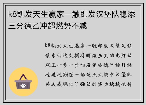k8凯发天生赢家一触即发汉堡队稳添三分德乙冲超燃势不减